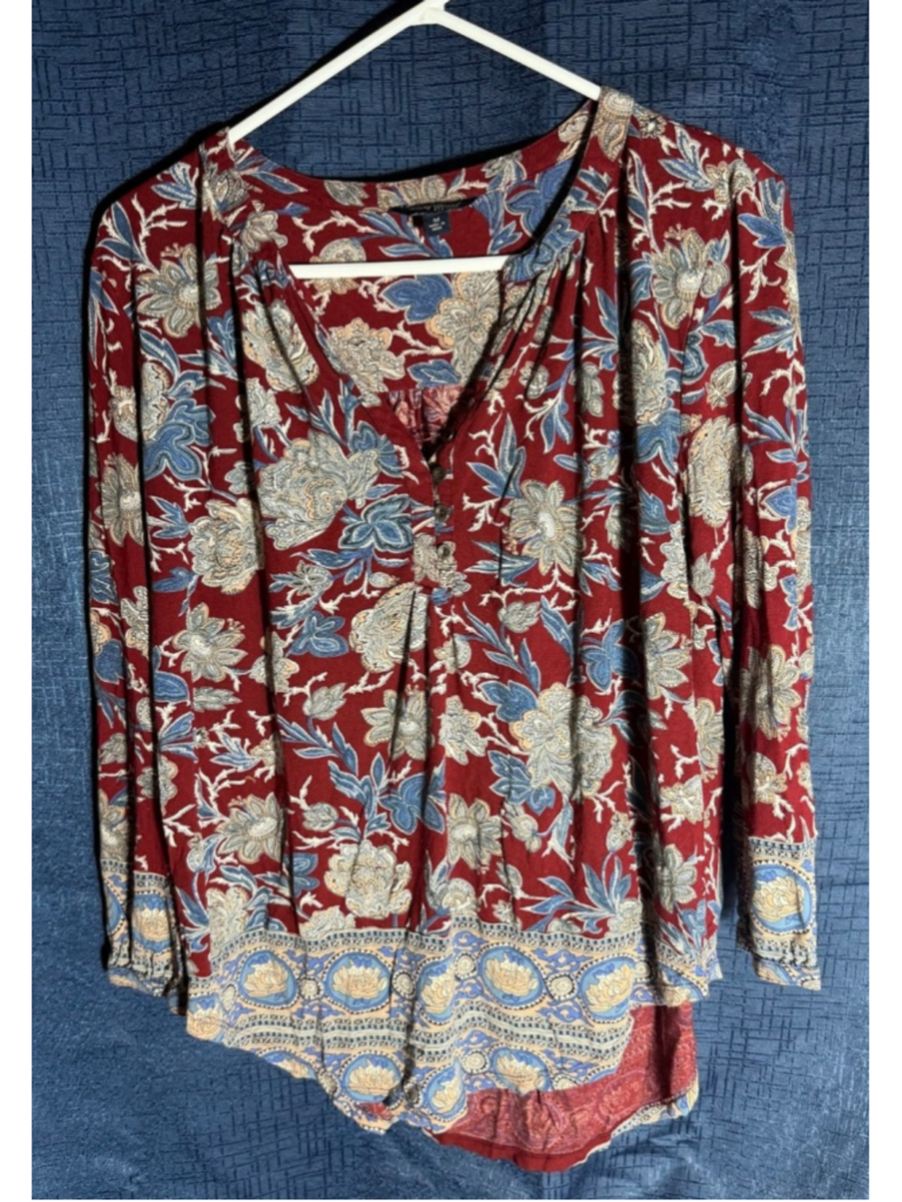 Women's Lucky Brand Red & Blue Floral Blouse Size M paisley cottagecore y2k 90's